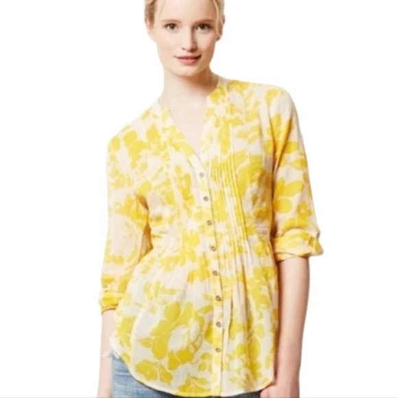 Anthropologie Tops - Anthropologie Maeve Yellow Floral Pintuck Peplum Blouse Size 2